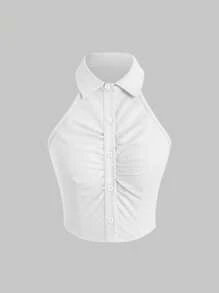 Sweetra Women's Sleeveless Button-Up Fashion Shirt With Turn-Down Collar, Suitable For Vacation And Travel Outfits Y2K Outfit  - White - View 1