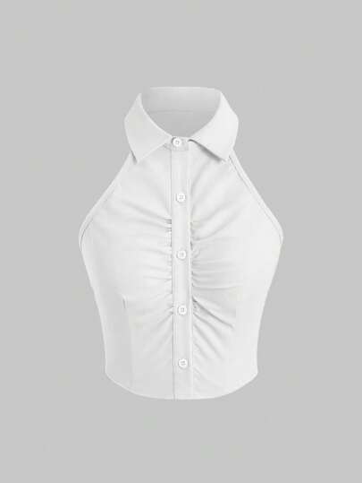 Sweetra Women's Sleeveless Button-Up Fashion Shirt With Turn-Down Collar, Suitable For Vacation And Travel Outfits Y2K Outfit 
