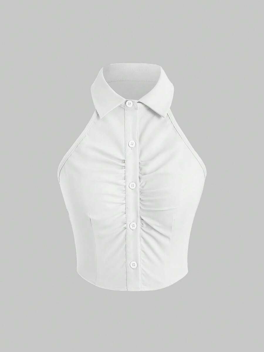 Sweetra Women's Sleeveless Button-Up Fashion Shirt With Turn-Down Collar, Suitable For Vacation And Travel Outfits Y2K Outfit  - White - View 1