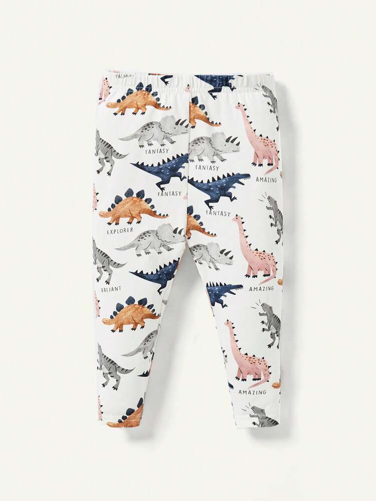 Baby Boy Snug Fit Pajamas Set, Dinosaur Pattern Color-Blocked Round Neck Short Sleeve Top With Casual Pants
