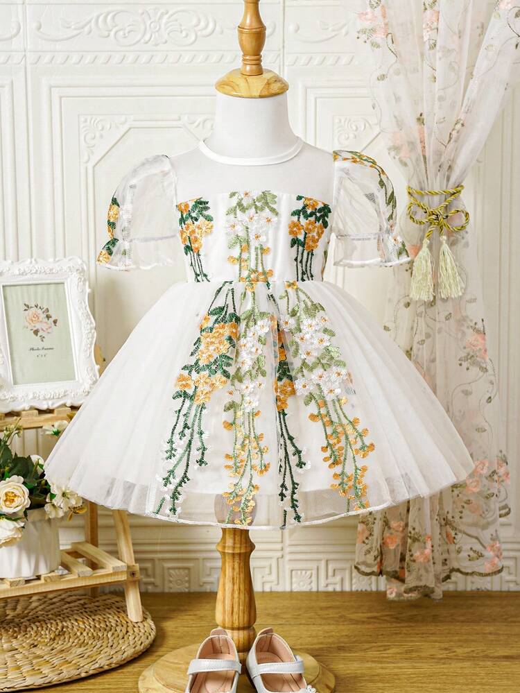 Baby Girl Embroidered Floral Patchwork Elegant Heavy Industry Countryside Vacation Casual Dress