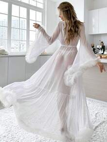 Women's Long Sheer Robe With 3d Lace Floral Detail And Bell Sleeves - White - View 2