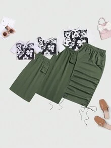 SHEIN Conjunto De 2 Piezas Para Niña Joven Con Estampado De Personaje, Incluye Shorts Y Camiseta Con Falda De Cintura Alta Con Diseño De Bolsillo, Un Atuendo Estilo Callejero Genial - Multicolor - Ver 6
