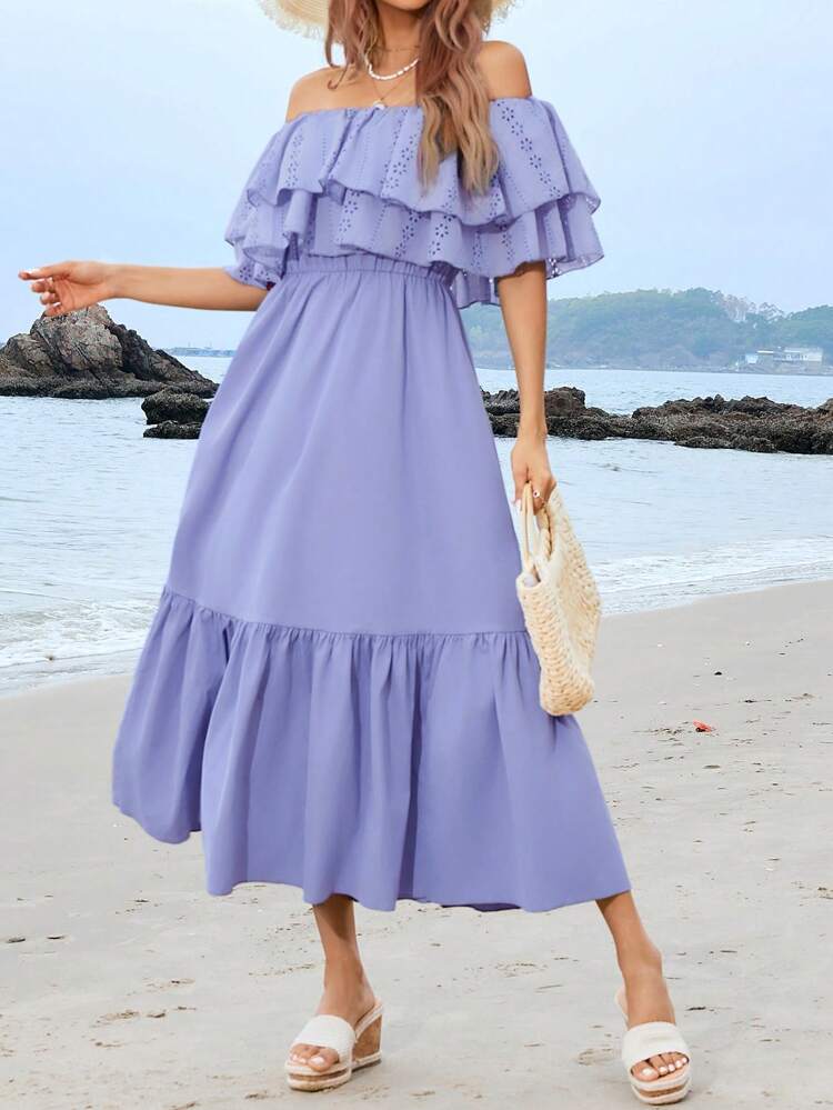 Women's Off Shoulder Cinched Waist Ruffle Hem Dress