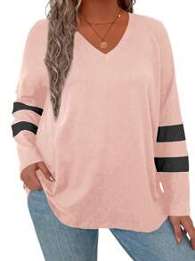 SHEIN LUNE Plus Size V-Neck Printed Casual Spring/Summer Long Sleeve T-Shirt - Baby Pink - View 6