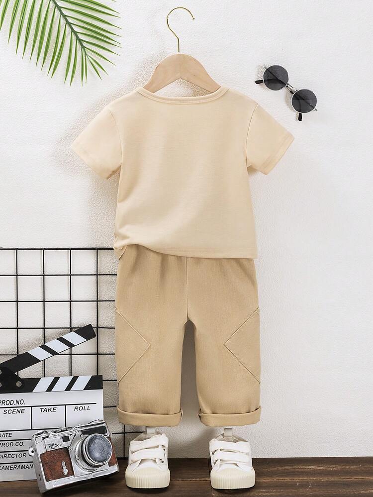 Baby Boy Spring Summer Outfits Brown Multi Pocket T-Shirt + Brown Washed Zipper Pocket Jeans Cool Fashionable Suit