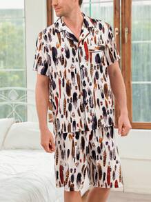 Men's Feather Pattern Printed Short Sleeve And Shorts Homewear Set - Black and White - View 1