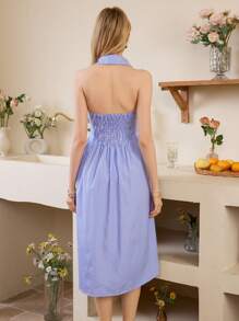 Aveloria Color Block Striped Waist-Twist Sleeveless Shirt-Style Open Back Dress - Blue and White - View 2