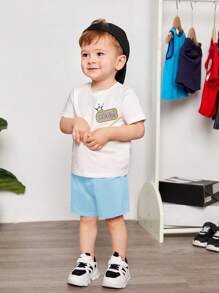 SHEIN Baby Boy's Letter & Crocodile Patterned Short Sleeve T-Shirt And Shorts Set - Blue - View 5