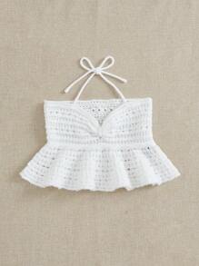 Soleia Women's Knitted Top With Ruffled Hem And Pleated Details, Hang Neck Design - White - View 5