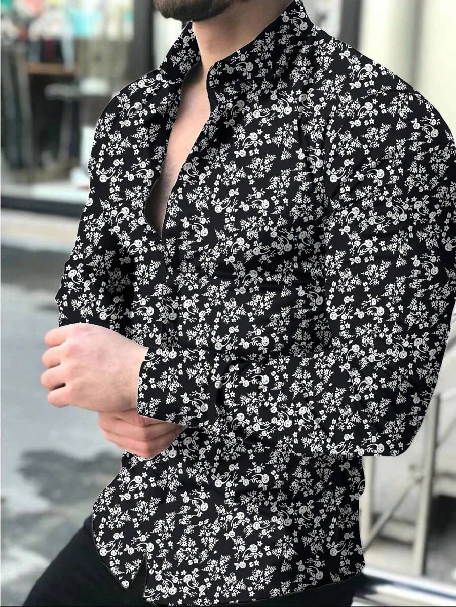 Manfinity Homme Men Long Sleeve Funny Graphic Collar Shirt With All-Over Print And Front Button Closure, For Dad And Me, Going Out, Daddy, For Fall - Black - View 1
