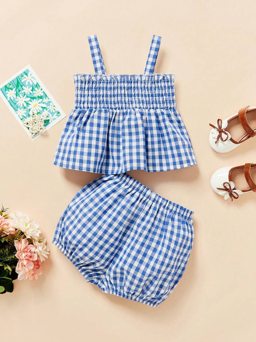 SHEIN Baby Girl Gingham Print Ruffle Strap Top And Elastic Waistband Shorts Set - Blue - View 1