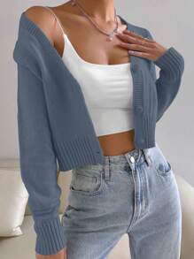 SHEIN Unity Màu Macron Tối giản Áo len Mở Với Mặt trước - Màu xanh bụi bặm - Xem 1