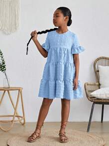 SHEIN Tween Girls' Woven Jacquard Solid Color Loose Fit Short Sleeve Dress With Ruffle Trimmed Hemline