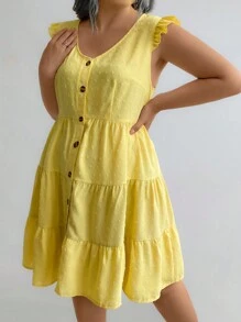 Flirla 加大碼純色荷葉邊連衣裙 - 黃色 - 查看 5