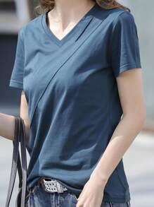 INAWLY Solid Color V-Neck Summer Basic Short Sleeve T-Shirt