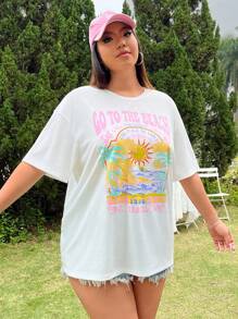 CovetEZ 大码复古乡村阳光假期印花宽松夏季 T 恤 - 白色 - 查看 5