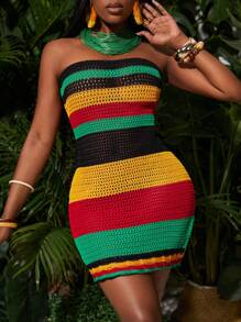 Slaydiva 度假夏季条纹拼色针织毛衣钩针连衣裙 - 彩色 - 查看 2