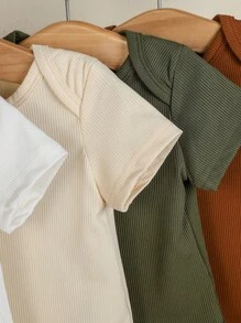 SHEIN Vintaside Kids 5入組實色條紋短袖連體衣，適用於男寶寶 - 彩色 - 查看 5