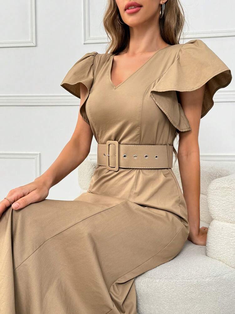 Solid Color V-Neck Ruffle Trimmed Cinching Waist Dress Long Evening Dresses