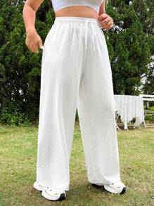 SHEIN EZwear Pantalones De Pierna Recta Con Cordón Para Mujeres De Talla Grande