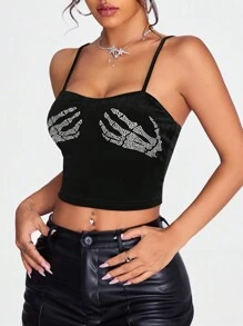 Coolane Rhinestone Skeleton Pattern Cami Top With Super Crop Hoodie-Black - Black - View 5