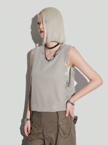 SHEIN EZwear لباس علوي محبوك نسائي بدون أكمام بتأثير متهالك عارض - رمادي فاتح - مشاهدة 5