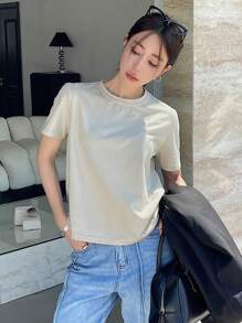 DAZY Solid Color Round Neck Casual Short Sleeve T-Shirt Sheer - Apricot - View 3