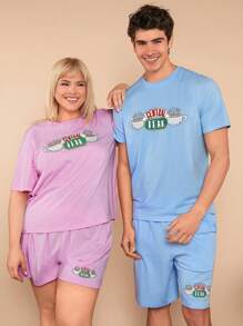 FRIENDS X SHEIN Plus rozmiar 1 zestaw Luźna piżama z dzianiny dla par z nadrukiem filiżanki kawy, kolor różowy, do noszenia w domu i na co dzień - Różowy - Zobacz 7