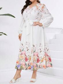 Mulvari Plus Size Women's Floral Printed Lantern Sleeve Long Arabic Style Dress