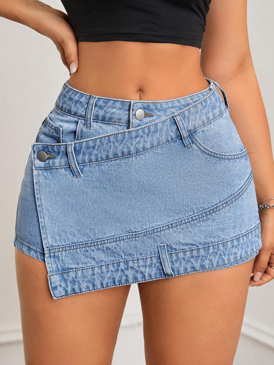 SHEIN ICON Women's Asymmetrical Short Denim Skort - Light Wash - View 1