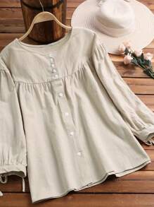 Women's Solid Color Round Neck Long Sleeve Shirt With Front Button Closure