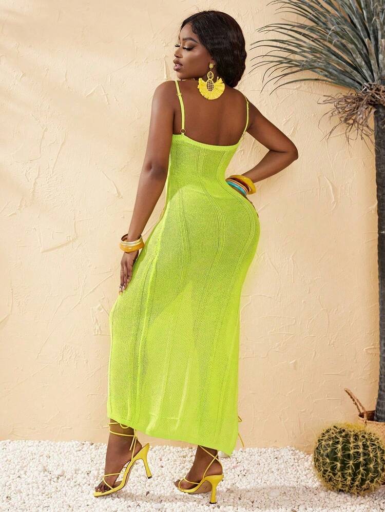Women's Fluorescent Green Bodycon Sweater Dress With Side Slits And Spaghetti Straps