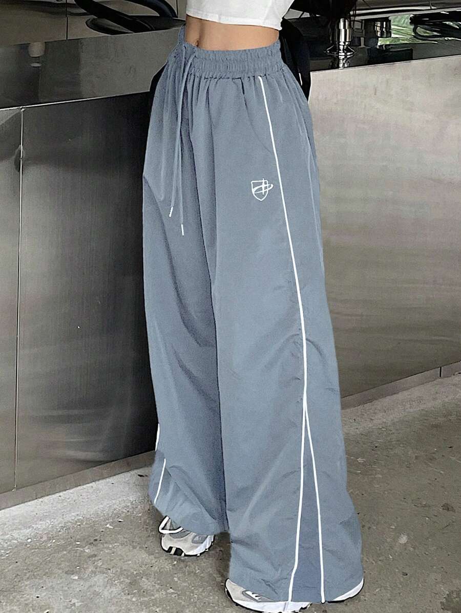 DAZY Patchwork Side Split Elastic Waist Wide Leg Pants - Baby Blue - View 1