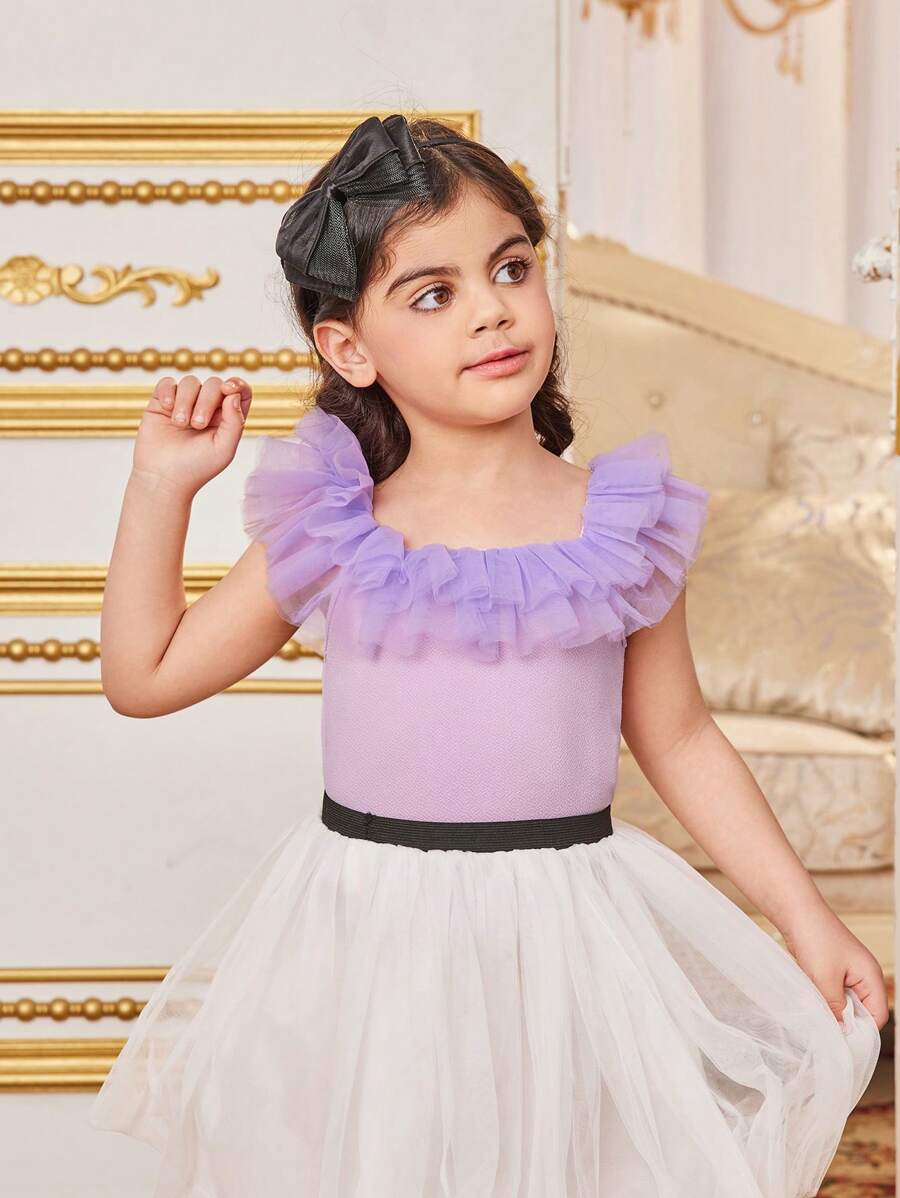 SHEIN Blusa de hombros descubiertos con malla estilo princesa soñadora para niña joven - Morado - Ver 1
