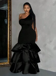 Slaydiva Dress Ukuran Plus Asimetris Ruffle Hem Tiered Layer Plain Pesta - Hitam - View 5