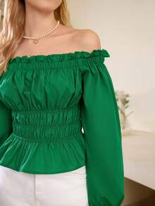 SHEIN Privé Áo sơ mi nữ dài tay có tay áo kiểu Shirred lệch vai có viền xù - màu xanh lá - Xem 2