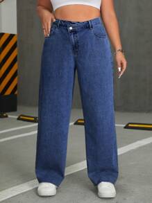 SHEIN ICON Plus Size Step Waistband Jeans - Medium Wash - View 6