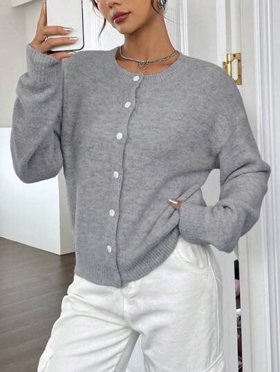 Flirla Solid Color Fashionable Loose Fit Long Sleeve Cardigan With Front Buttons