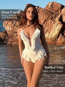 Swim Chiccia Summer Beach Ruffle Trimmed Cutout One-Piece Swimsuit With Embroidered Edge Detailing And Deep V-Neckline - White - View 3