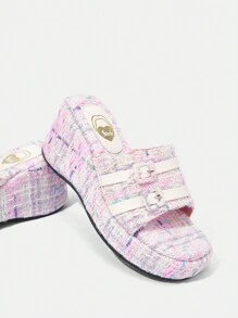 SheIn SXY Women's Platform Wedge Sandals, Peep Toe Chunky Heeled Slip-On Shoes With Thick Soles For Outdoor Wear - Multicolor - View 1