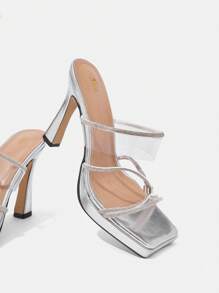 Women's High Heel Slide Sandals , Thick Heel, Strip Decoration And Simple Rhinestone Vacation Shoes Summer - Silver - View 8
