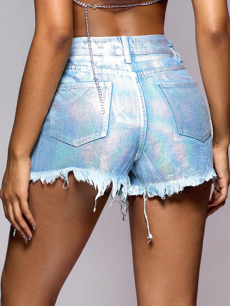 Iris Iridescent Foil Ripped Denim Shorts - Silver&Spring Outfits&Music Festival&Low Rise Shorts&Jeans Shorts