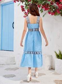 Thiếu niên Cô gái Giải trí Kỳ nghỉ Ren Xu hướng: Cắt giảm Không lưng Váy dây treo - Màu xanh lam - Xem 2