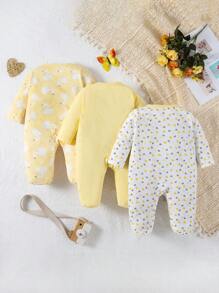 SHEIN 3pcs/Set Newborn Baby Long Sleeve & Leg Heart, Swan Print Romper Pajamas - Yellow - View 2