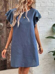 SHEIN LUNE A-linien-kleid Für Damen Mit Doppelschicht-spitzen- Rüschenärmeln Und Dicker Bambus-textur - Blau - Übersicht 5