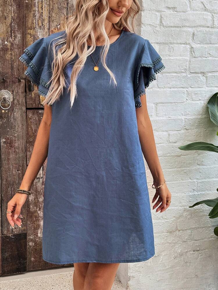 Women's A-Line Dress With Double-Layer Lace Ruffle Sleeves And Thick Bamboo Texture