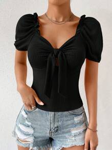 Rafferiza Solid Color Puff Sleeve T-Shirt With Ribbed Hem, Sweetheart Neck - Black - View 6