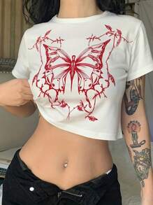 INAWLY 蝴蝶印花短款t恤 - 白色 - 查看 3