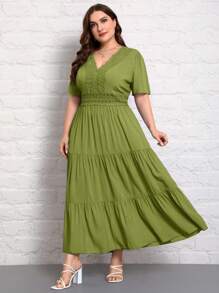 SHEIN VCAY Plus Size Women's Lace Splicing Dress With Ruffle Hemline And Cinching Waist